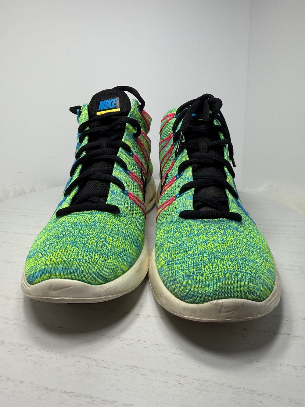 Nike Men's Flyknit Sneakers in Neon Green, Blue, Black - Picture 3 of 11